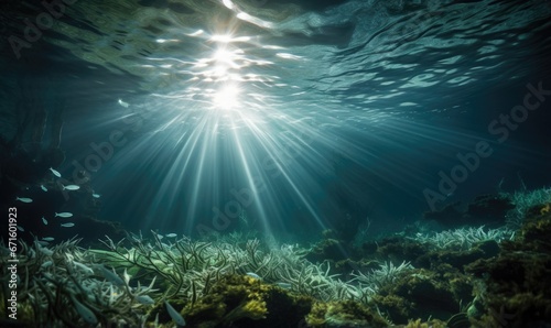Underwater view of a tropical coral reef with fishes and rays of light © TheoTheWizard