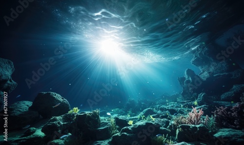 Underwater view of a tropical coral reef with fishes and rays of light