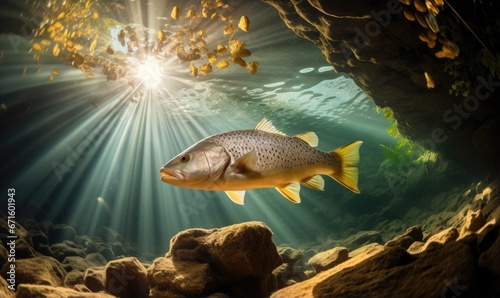 Rainbow trout swimming underwater in the ocean with rays of light.