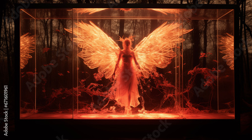 female angel silhouette with red tones at dusk
