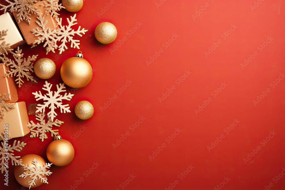 Red Christmas background with gift and christmas ornament Red Christmas background with gift and christmas ornament