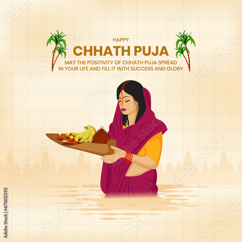 Chhath Puja Indian Bihari festival celebration traditional background vector illustration. Women doing prayer of sunrise and bathing in holy river.