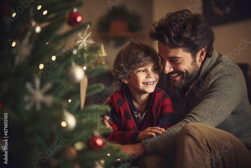 Loving father helping his son to decorate Christmas tree at home.