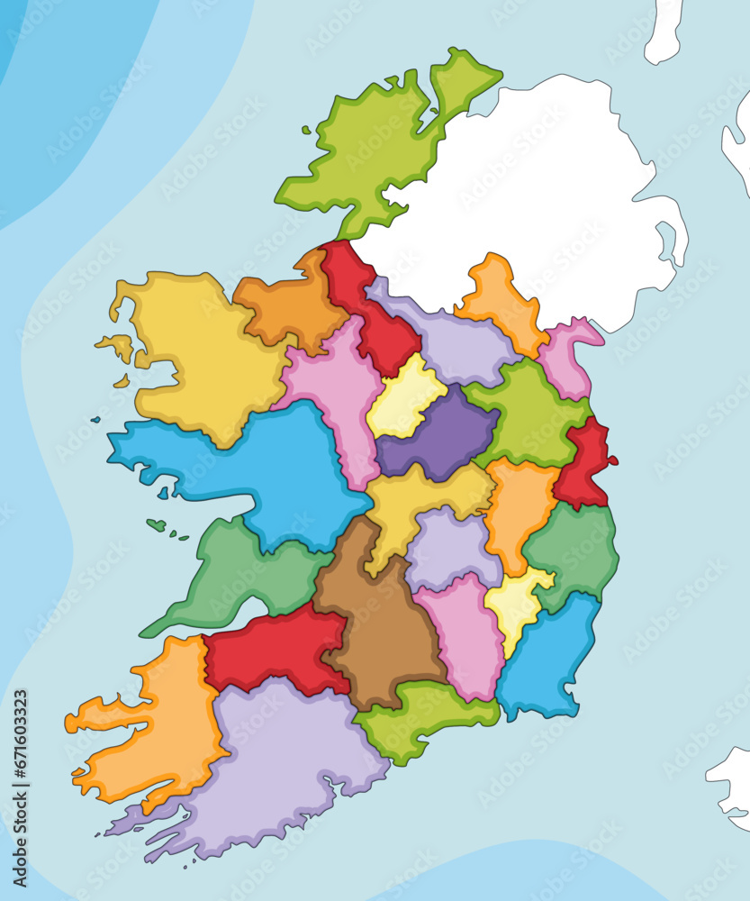 Vector illustrated blank map of Ireland with counties and administrative divisions, and neighbouring countries. Editable and clearly labeled layers.