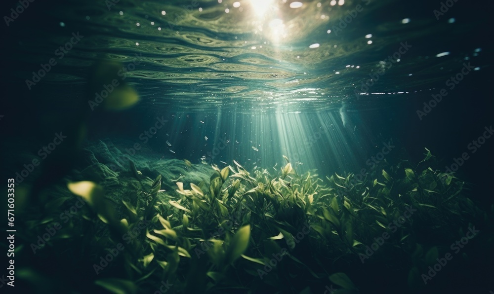 Fototapeta premium Underwater view of coral reef with fish and rays of sunlight.