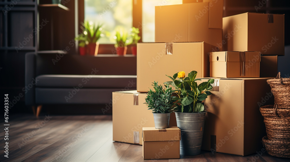 Move in. Cardboard boxes and cleaning things for moving into a new home. Cardboard boxe background. High quality photo. Move in. Cardboard boxes and cleaning things for moving into a new home. Cardboard boxe background. High quality photo.