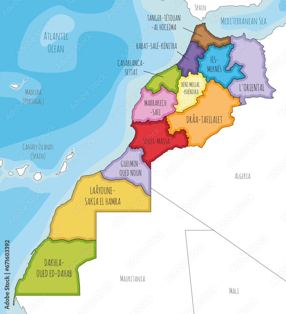 Vector illustrated map of Morocco with regions and administrative divisions, and neighbouring countries. Editable and clearly labeled layers.