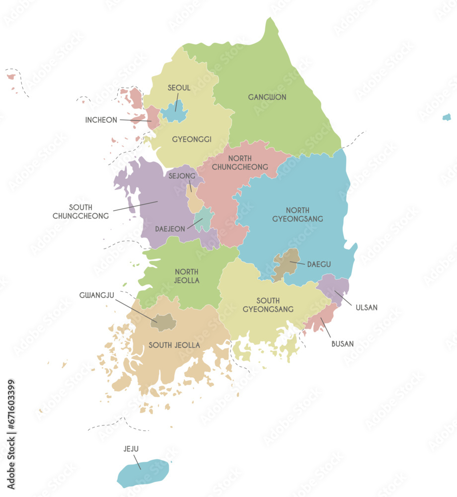 Fototapeta premium Vector map of South Korea with provinces, metropolitan cities and administrative divisions. Editable and clearly labeled layers.