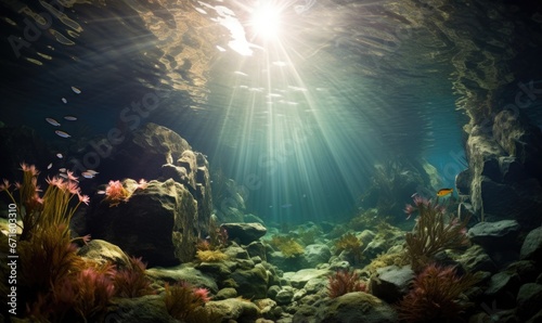 Underwater view of coral reef with fish and rays of sunlight. © TheoTheWizard
