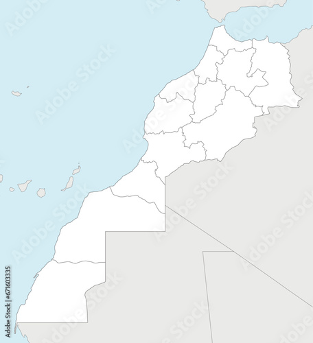 Vector blank map of Morocco with regions and administrative divisions, and neighbouring countries. Editable and clearly labeled layers.
