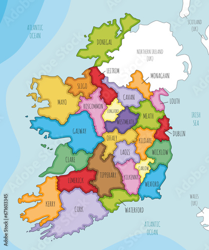 Vector illustrated map of Ireland with counties and administrative divisions, and neighbouring countries. Editable and clearly labeled layers.
