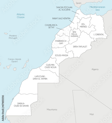 Vector map of Morocco with regions and administrative divisions, and neighbouring countries. Editable and clearly labeled layers.