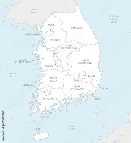 Vector map of South Korea with provinces, metropolitan cities and administrative divisions, and neighbouring countries. Editable and clearly labeled layers.