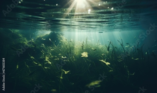 Underwater view of coral reef with fish and rays of sunlight. © TheoTheWizard