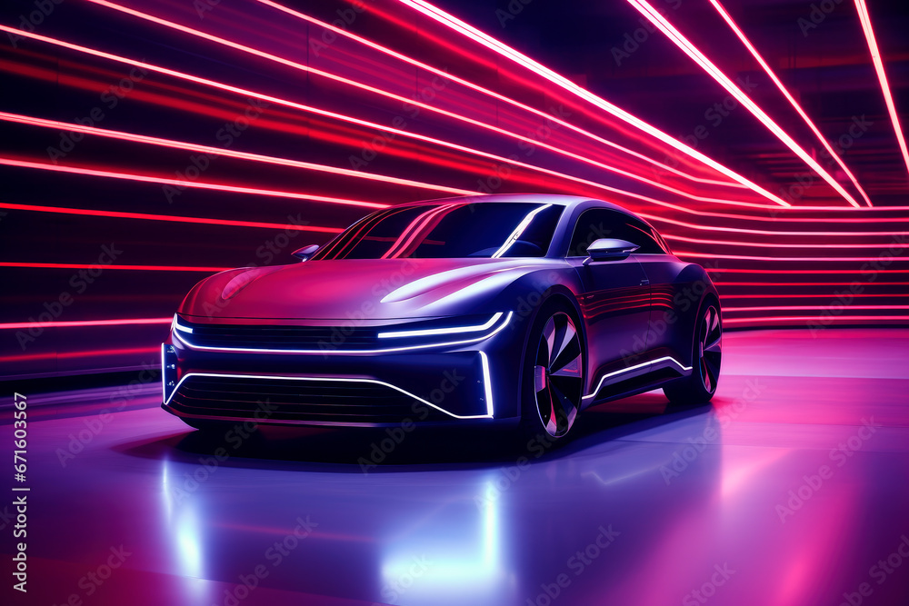 A futuristic unreal electric car with neon vivid lighting