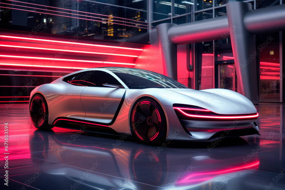 Futuristic sports car technology concept with neon lighting