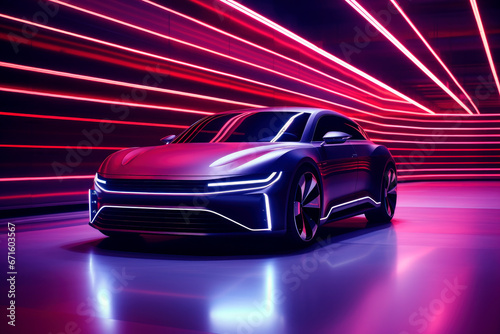 A futuristic unreal electric car with neon vivid lighting © graja