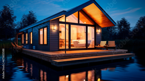 Modern floating cabin with nice reflection on the lake water at night