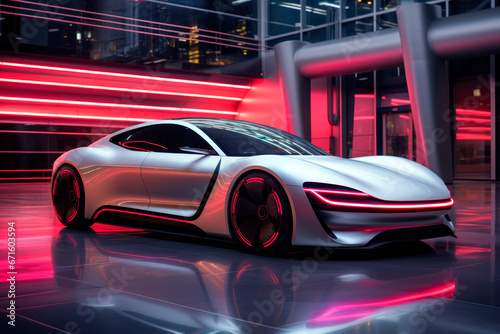 Futuristic sports car technology concept with neon lighting