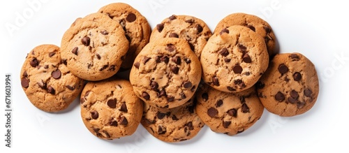 Top view of a stack of tasty chocolate chip cookies on a white background