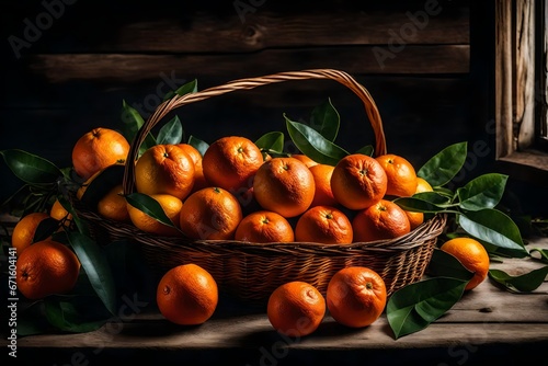 In a rural kitchen, a basket full of recently harvested oranges.