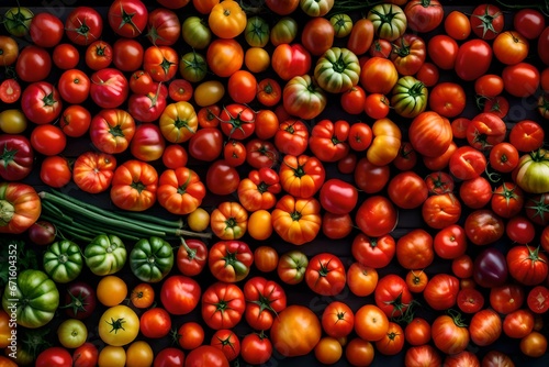 A vibrant farmer's market stand brimming with vibrant heirloom tomatoes 