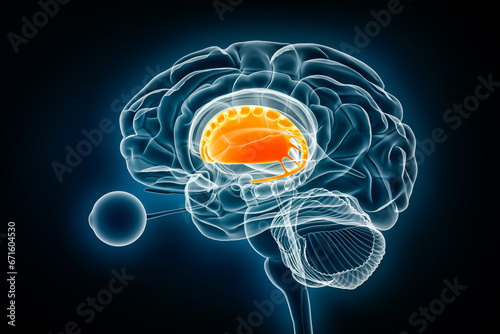 Corpus striatum profile x-ray view 3D rendering illustration. Human brain and basal ganglia anatomy, medical, healthcare, biology, science, neuroscience, neurology concepts.