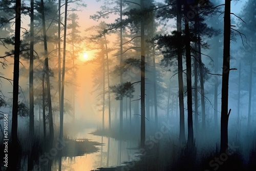 misty woods, hazy trees, pine silhouettes. Generative AI