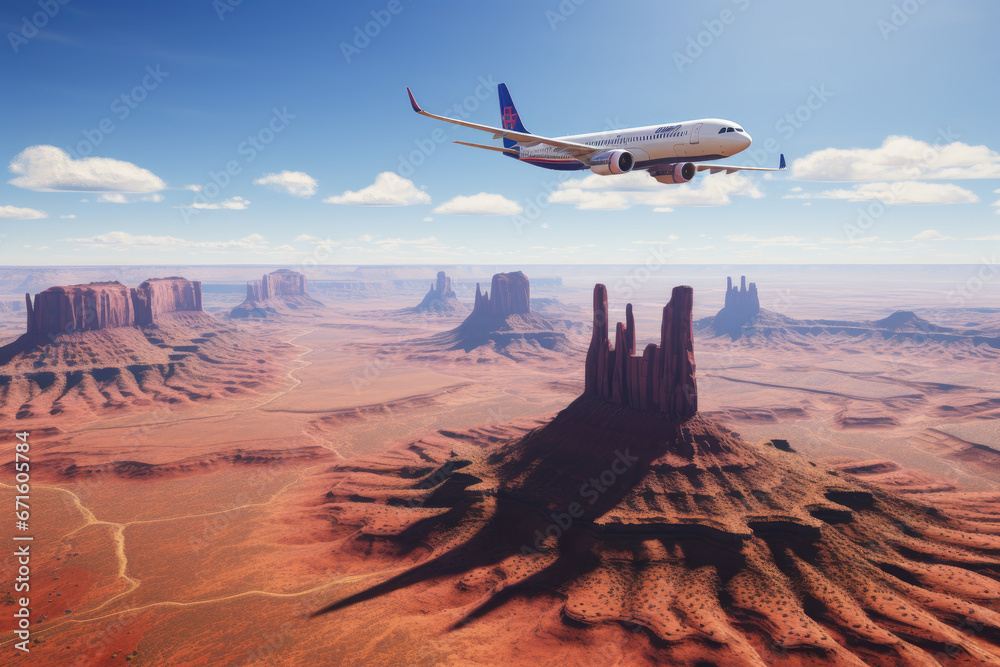 Airbus A321 on a sunny day over Monument Valley - obrazy, fototapety, plakaty 