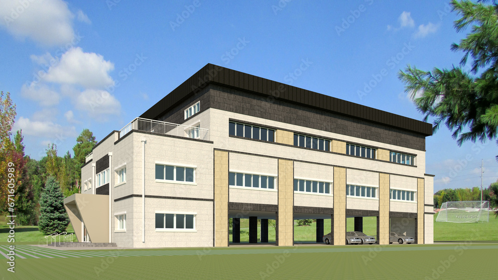 building in the park, rendering of a modern sports center, modern gymnasium in the school building in the park, rendering of a modern sports center, modern gymnasium in the school