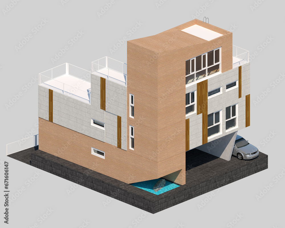 3d render of a building, modern house in the city, rendering of a modern multi-story house, brick house with blue sky, isometric modern house