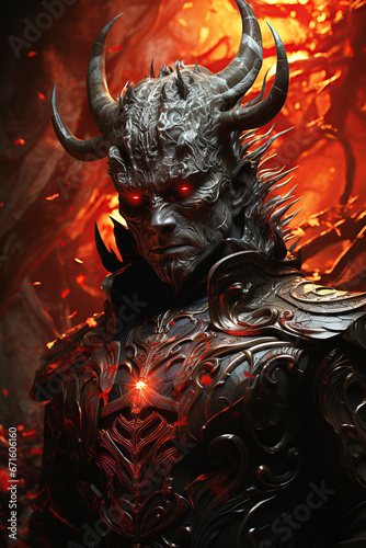 horned demon devil Satan Lucifer on background of infernal hellfire in hell. Cover for the horror novel book