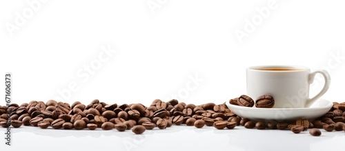 White background with coffee beans and cup