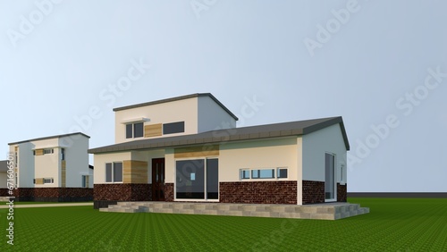 modern house on the grass, 3d render of a house, rendering of a modern house with zinc panel