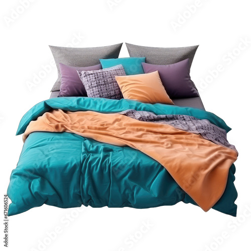 Bed with pillows and duvet isolated on transparent background. Colorful bed sheet