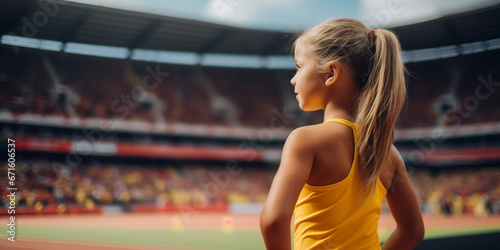 side view of little girl watching standing in sport in stadium wearing yellow  photo