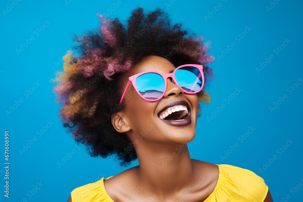Beautiful African Woman in Sunglasses Radiating Positivity on a Playful Blue Wall Background.
