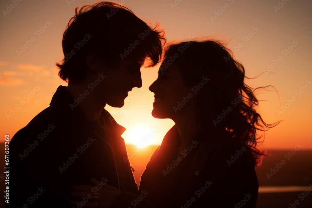 Portrait of a beautiful young smiling couple in the sunset light.