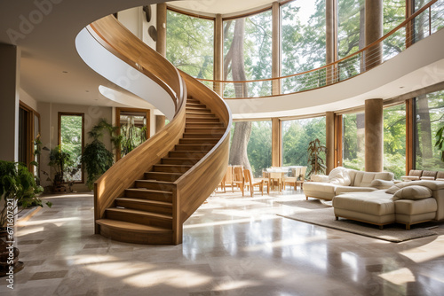 A modern mansion's centerpiece staircase, featuring a minimalist travertine structure and wooden handrails, with double-story windows framing the architectural beauty.