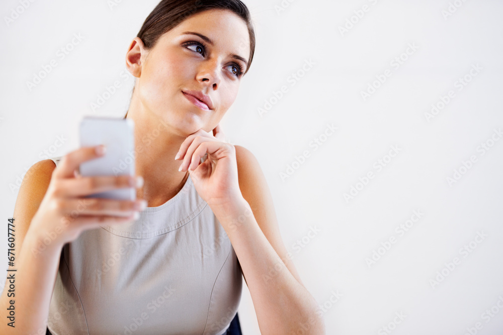 Face, businesswoman and thinking with phone in office for communication, message or call. Female consultant, alone and idea with vision for social media, app or post by cellular, network or internet Face, businesswoman and thinking with phone in office for communication, message or call. Female consultant, alone and idea with vision for social media, app or post by cellular, network or internet