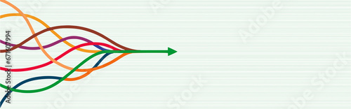 Colorful lines intertwined in one arrow. Stay focused, target aim texture blank banner. Business success, investment goal, marketing challenge, financial strategy, purpose achievement and focus ideas.