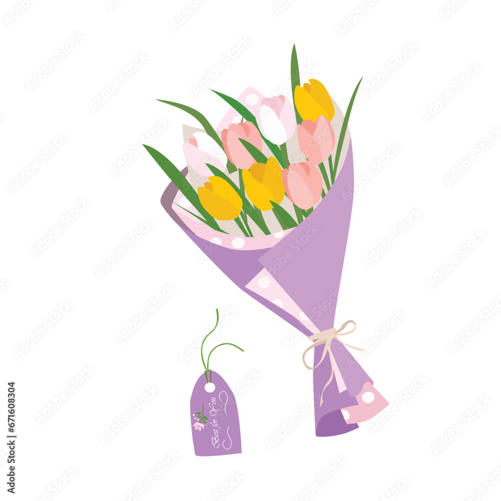 Flower bouquet vector illustration. Tulip flower bouquet wrapped in color paper. Decoration for invitation, greeting card, poster, banner, frame design. Floral cartoon clip art isolated on white.