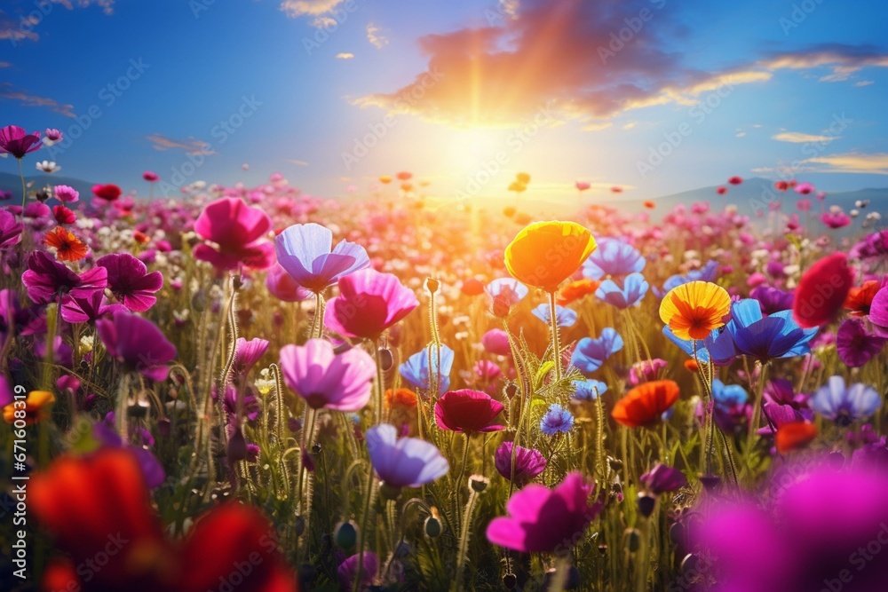 Stunning flower field basking in sunlight, fluttering butterflies, vibrant spring-summer ambiance. Generative AI