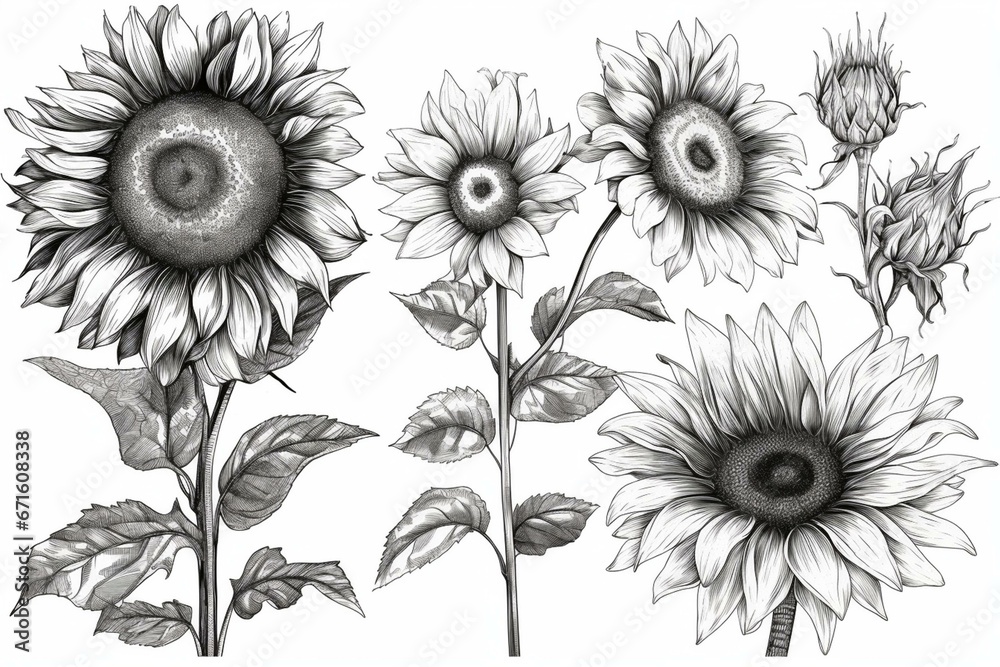 Black and white sunflower illustration in different styles, close-up ...