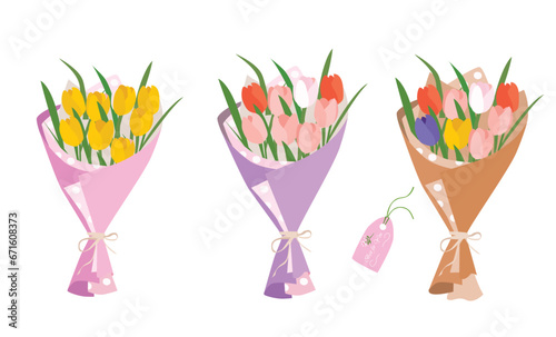 Flower bouquet vector illustration. Tulip flower bouquet wrapped in color paper. Decoration for invitation, greeting card, poster, banner, frame design. Floral cartoon clip art isolated on white.
