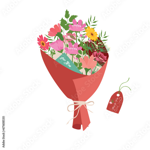 Bouquet of flower. Wild flower bouquet vector illustration. Summer flower. Floral bouquet wrapped in gift paper. Gift for special day, celebration day like birthday, teacher day, women day. 