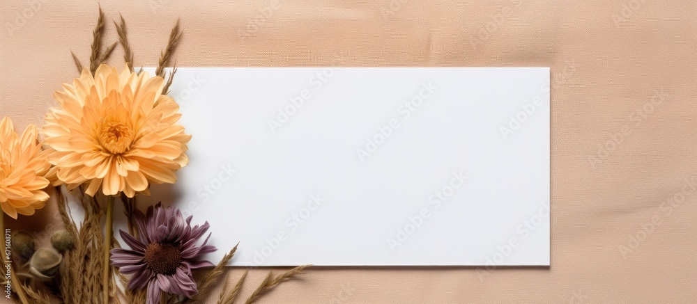 White card mockup with workspace accessories and flowers on a white table seen from above