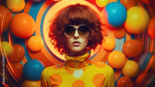 Fashion retro futuristic girl on background with circle pop art background. Woman in sunglasses in surrealistic 60s-70s disco club culture life style