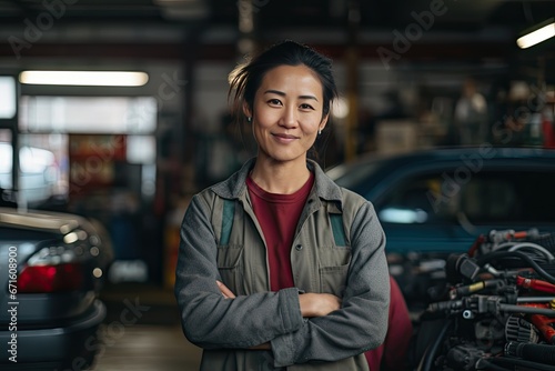 Papier peint Close-up photo of a smiling middle aged Asian repairwoman in auto repair shop