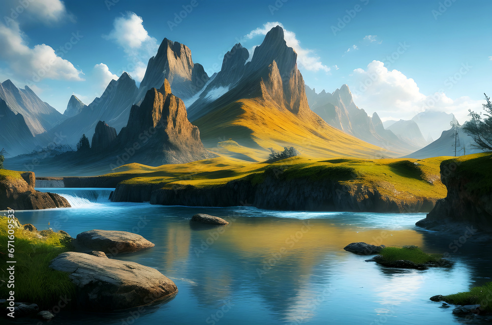 River or lake and mountain hill background, Mountain river valley landscape panorama HD 4k walpaper